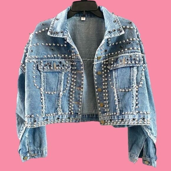 Hand Beaded Denim Over The Shoulder Rivet Studded Blue Denim Jacket One Size - Picture 1 of 10